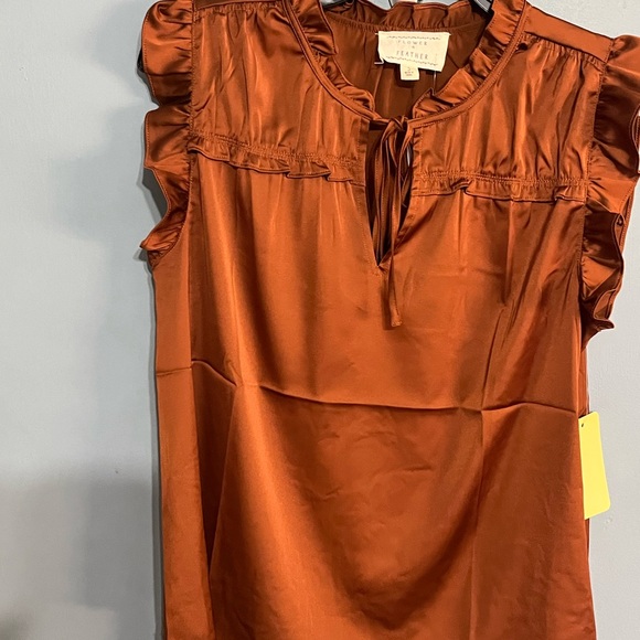 SELLING FLOWER & FEATHER BLOUSE SIZE SMALL COLOR HOT BROWN SLEEVELESS NWT - Picture 2 of 11